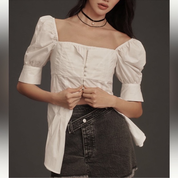 Anthropologie Square-Neck Puff-Sleeve Cotton Tunic Blouse - Picture 2 of 9